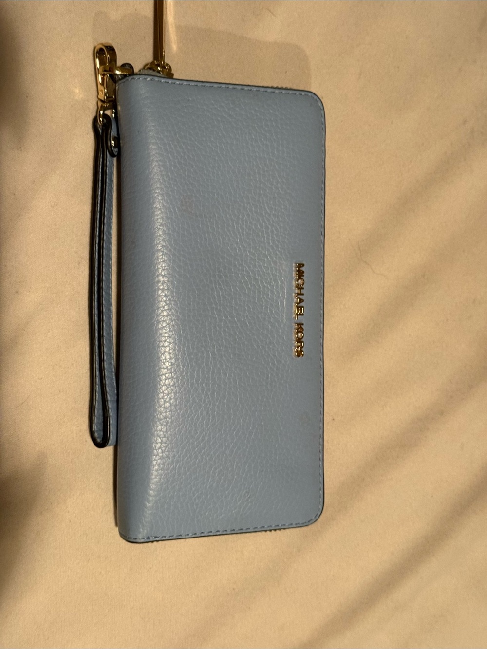 Michael Kors Baby Blue Pebbled Leather Wristlet Wallet with Gold Hardware